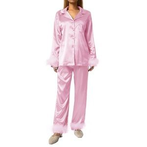 Women's Satin Silk Pajamas Feather Trim